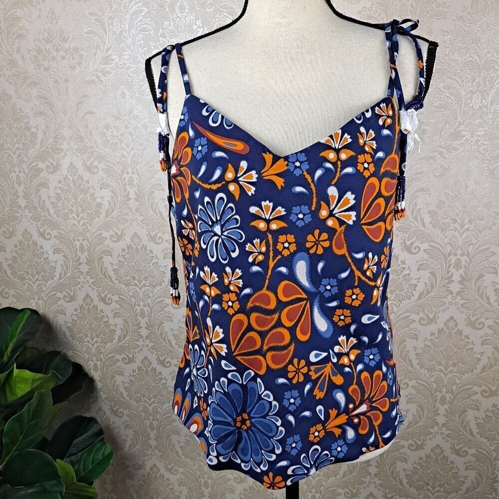 Sigrid Olsen Sz Med Blue Orange White Floral Tank Tie Straps Beaded Detail NWT